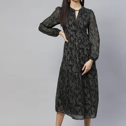 Marks & Spencer Black & Golden Tie-Up Neck A-Line Midi Dress-picture-3