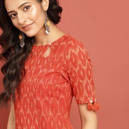 Taavi Women Orange Woven Design Ikat Straight Sustainable Kurta with Tassel Detai-image-11