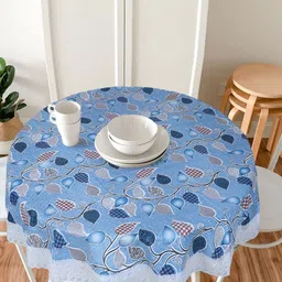 Dakshya Industries Blue & White Floral Printed Embellished Waterproof Round Table Cover-30