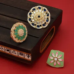 Zaveri Pearls Set of 3 Gold-Plated & Green Stone Studded Adjustable Finger Rings-8