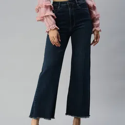 SHOWOFF Women Navy Blue Wide Leg High-Rise Light Fade Stretchable Jeans-image-99
