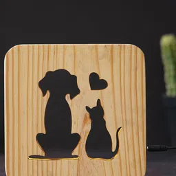 eCraftIndia Brown Dog & Cat Carving Wooden Table Lamp-7