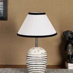 Devansh White & Brown Wooden Table Lamp With Cotton Shade-0