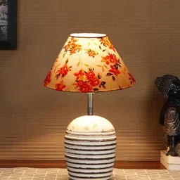 Devansh White & Orange-Coloured Printed Wooden Table Lamp With Cotton Shade-13