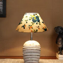 Devansh White & Blue Printed Wooden Table Lamp With Cotton Shade-10
