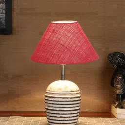 Devansh Pink & White Textured Wooden Table Lamp With Cotton Shade-10