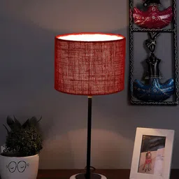 Devansh Maroon & Black Textured Wooden Table Lamp With Jute Shade-7