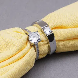 KARATCART Set Of 2 Silver-Toned Cubic Zirconia Couple Adjustable Solitaire Rings-53