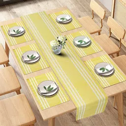 HOKIPO Yellow Cotton Ribbed Heat Resistant 7 Pieces Table Mats with Runner-29