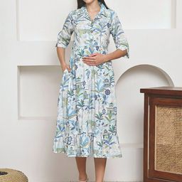 Frempy Maternity Floral Printed Shirt Collar Organic Cotton A-Line Maxi Dress-picture-2