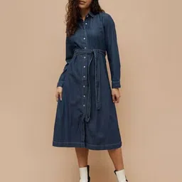 Tripursundari Fashion Women Belted Shirt Collar Denim Shirt Midi Dress-picture-46