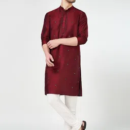 indus route by Pantaloons Ethnic Motifs Embroidered Mandarin Collar Thread Work Kurta-image-54
