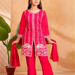 Sangria Girls Pink Pure Silk Kurta Sets-image-116