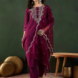 Sangria Zari Embroidered Kurta Trousers & Dupatta-picture-10