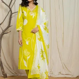 V.S.Creation Floral Printed Pure Cotton V-Neck Straight Kurta With Trousers & Dupatta-picture-58