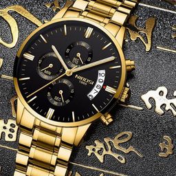 Nibosi Men Black Patterned Dial & Gold Toned Stainless Steel Bracelet Style Straps Analogue Chronograph Watch-6