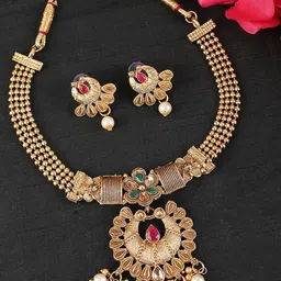ANIKAS CREATION Gold-Plated Red Stone-Studded & Pearl Beaded Choker Jewellery Set-22