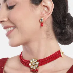 Anouk Women Gold-Plated Kundan Studded Layered Beaded Necklace with Earrings-58