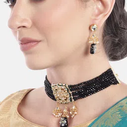 Anouk Women Gold-Plated Quartz Studded Layered Beaded Necklace with Earrings-3