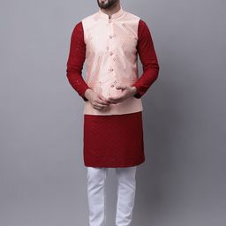 SOJANYA Men Embroidered Mirror Work Pure Cotton Kurta With Pyjamas & Nehru Jacket-6
