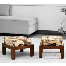 GLOBALLY INDIAN Set Of 2 Beige Acacia Wood Ottomans-45