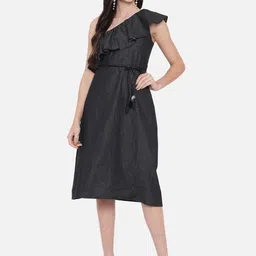 Orchid Blues Women Black One Shoulder Cotton Dress-image-69