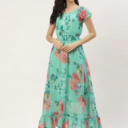 Deewa Women Sea Green & Pink Floral Print Maxi Dress-image-20