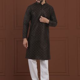 SOJANYA LUXE Geometric Embroidered Mandarin Collar Thread Work Cotton Silk Kurta & Pyjama-image-30