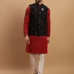 SOJANYA Embroidered Sequinned Pure Cotton Kurta with Churidar & Embellished Nehru Jacket-7
