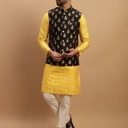 SOJANYA Geometric Embroidered Regular Kurta with Churidar & Woven Design Nehru Jacket-picture-7