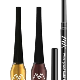 AYA Set of 2 Gold & Brown Waterproof Liquid Eyeliners with Jet Black Waterproof Kohl Kajal-43