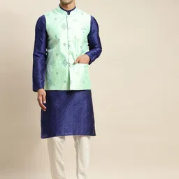SOJANYA Men Blue Ethnic Motifs Mirror Work Kurta with Churidar & Nehru Jacket-image-83