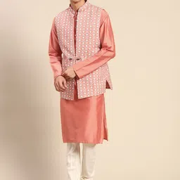 KISAH Men Peach-Coloured Thread Work Kurta with Churidar & Nehru Jacket-0