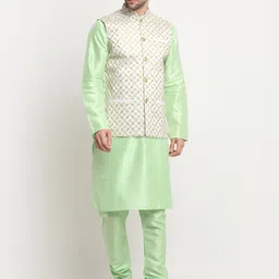 KRAFT INDIA Mandarin Collar Regular Kurta with Churidar & Embroidered Nehru Jacket-picture-44