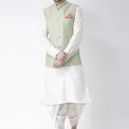 KISAH Men White Solid Kurta with Dhoti Pants & Green Nehru jacket-3
