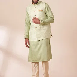 Manyavar Men Mandarin Collar Kurta with Pyjamas & Self Design Nehru Jacket-picture-7