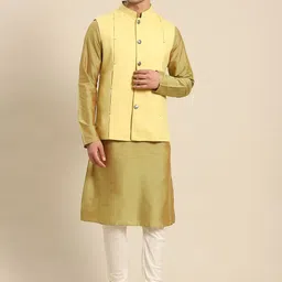 KISAH Men Olive Green Kurta with Churidar & Nehru Jacket-picture-12