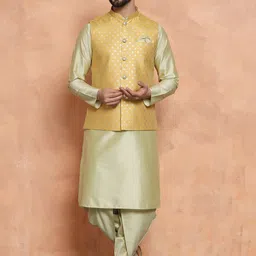 KISAH Mandarin Collar Straight Kurta with Dhoti Pants & Nehru Jacket-image-3