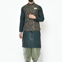KISAH Men Teal Floral Printed Kurta with Dhoti Pants-35