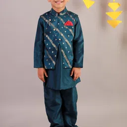 LIL DRAMA Boys Teal Floral Angrakha Kurta with Pyjamas and Jacket-50