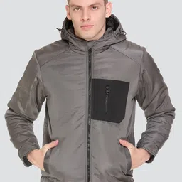 HONNETE Men Grey Colourblocked Lightweight Puffer Jacket with Patchwork-picture-49