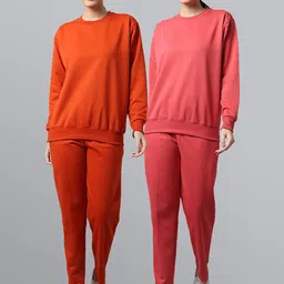 mack jonney VIMAL JONNEY Women Pack Of 2 Orange & Coral Solid Fleece Tracksuits-picture-0