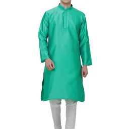Exotic India Men Kurta Pajama Set with Embroidered Collar and Jacquard Woven Paan Leaves-picture-12