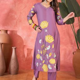 Sangria Floral Embroidered A-Line Kurta With Trousers & Bag-picture-40