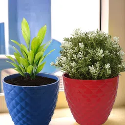 Kuber Industries Blue & Red 2 Pieces Textured Round Planters-25