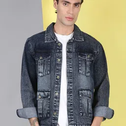 VOXATI Washed Printed Spread Collar Denim Jacket-10