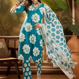 Vastramyaa Floral Printed V-Neck Zari Pure Cotton Straight Kurta With Trousers & Dupatta-image-82