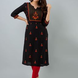 NISHABD Floral Embroidered Notched Neck Straight Kurta-image-45