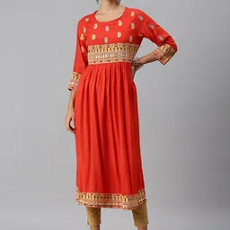 SHOWOFF Ethnic Motifs Embroidered Mirror Work Cotton A-Line Kurta-picture-2