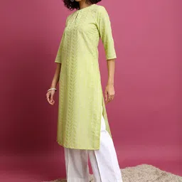 Vishudh Lime Green Floral Embroidered Straight Kurta-image-3